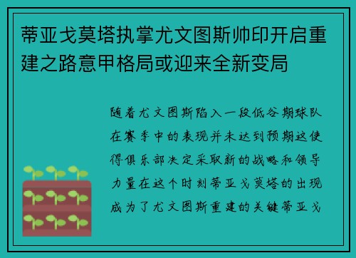 蒂亚戈莫塔执掌尤文图斯帅印开启重建之路意甲格局或迎来全新变局 蒂亚戈莫塔执掌尤文图斯帅印开启重建之路意甲格局或迎来全新变局