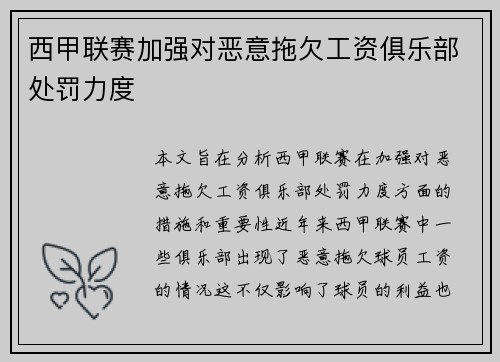 西甲联赛加强对恶意拖欠工资俱乐部处罚力度