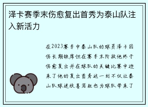 泽卡赛季末伤愈复出首秀为泰山队注入新活力 泽卡赛季末伤愈复出首秀为泰山队注入新活力